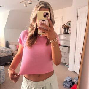 aerie Soft Pink Ribbed Short Sleeve Crop Top